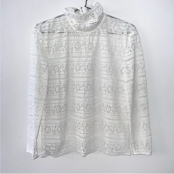Sandro Paris White Ivory Lace High Neck Sheer Long Sleeve Blouse Classic - Picture 7 of 8